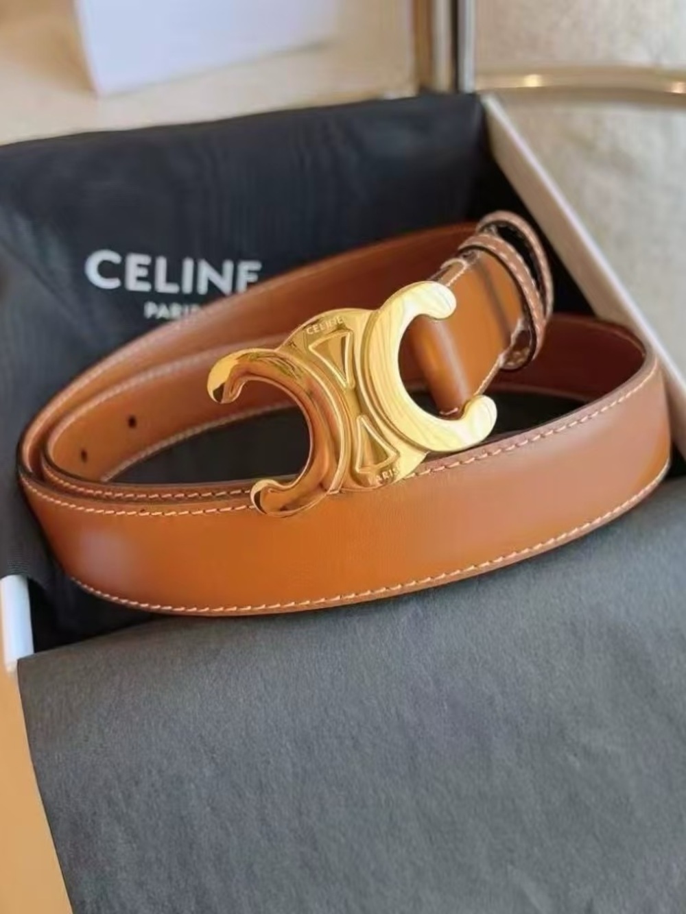 CELINE Brown Leather Belt Size 85cm with Gold Double